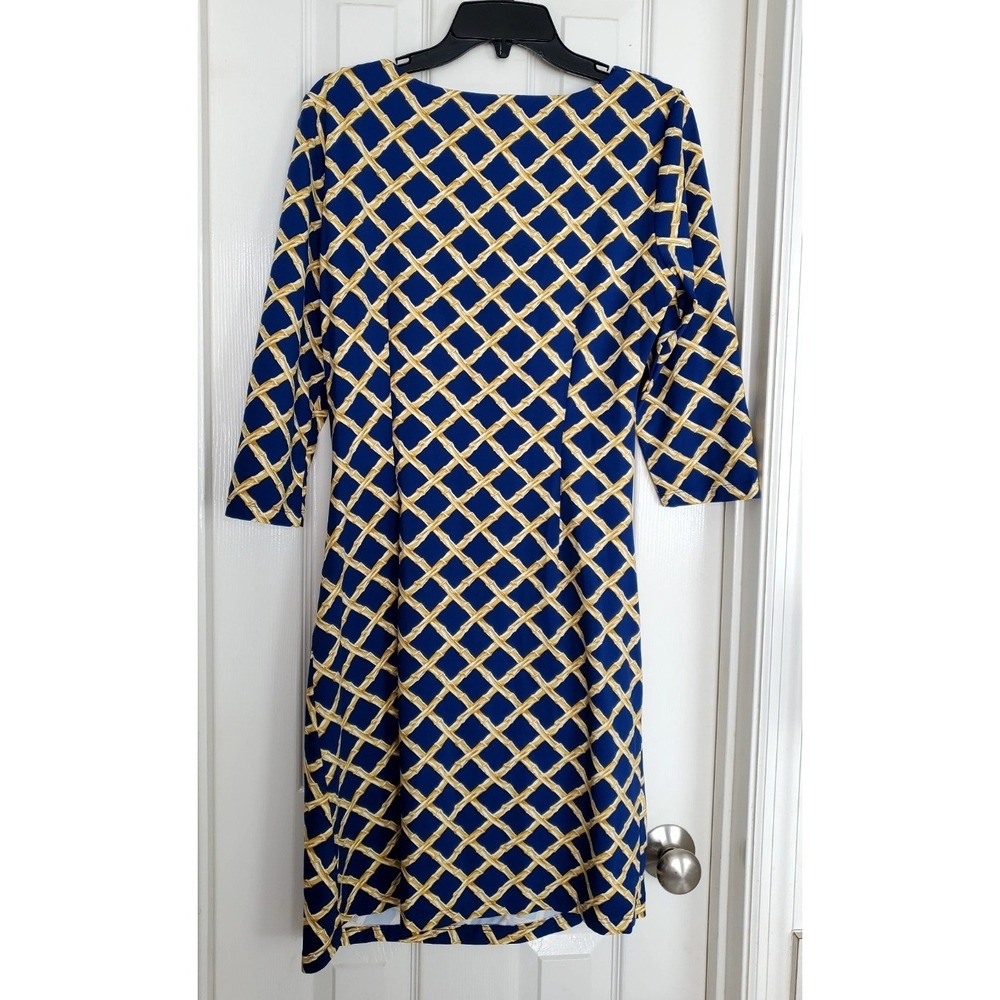 J.McLaughlin Dress Blue Gold Bamboo Print Ruched Sheath Preppy Career Large